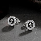 9mm Black Iced Diamond Stud Earrings - Fleur-de-lis Lily flower Earrings 