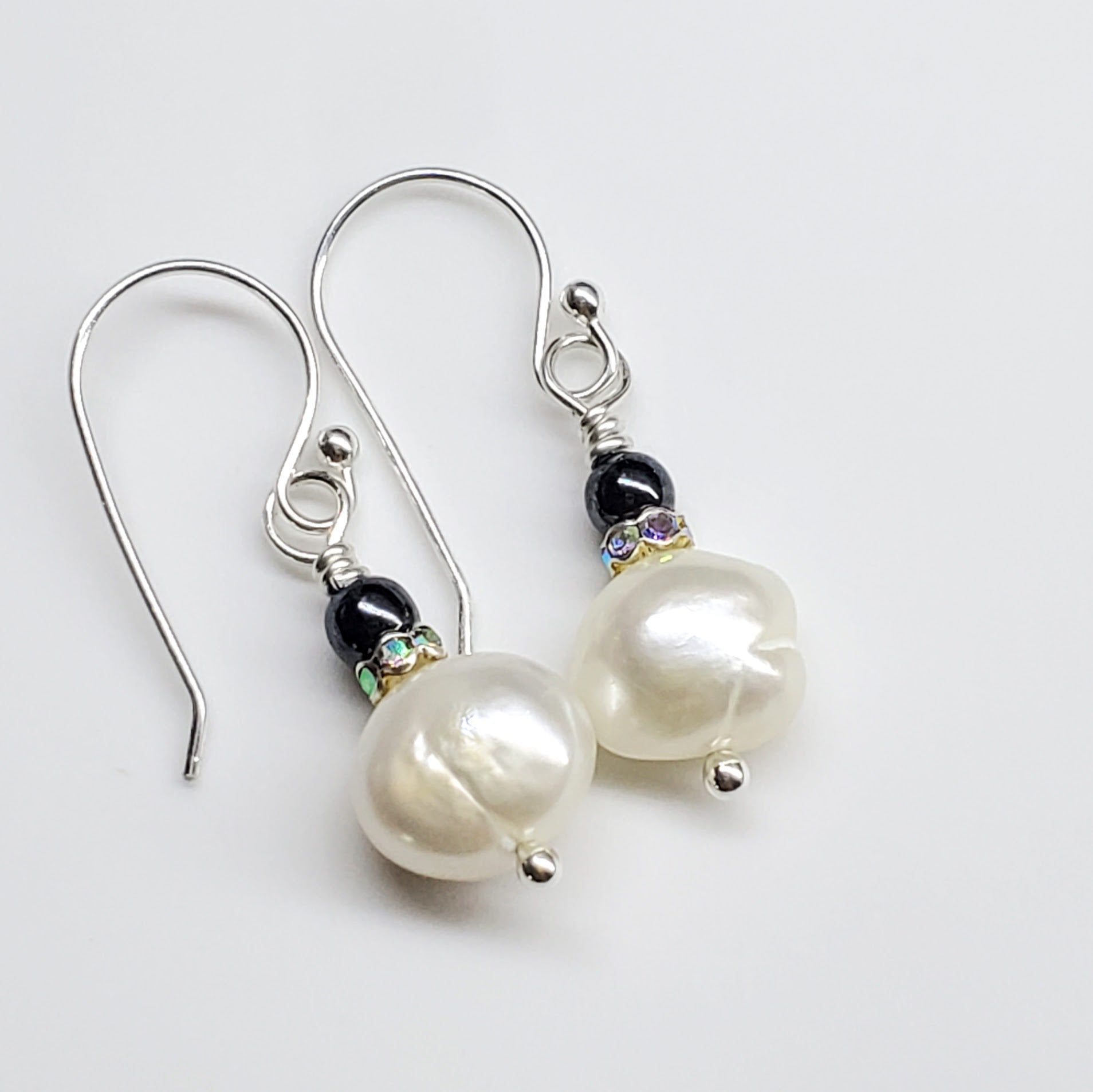 10mm Freshwater Baroque Pearl Sterling Silver Crystal Dangle Earrings
