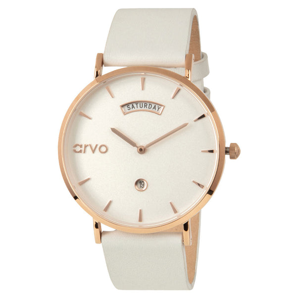 Arvo Awristacrat Watch - Rose - White Leather by Arvo