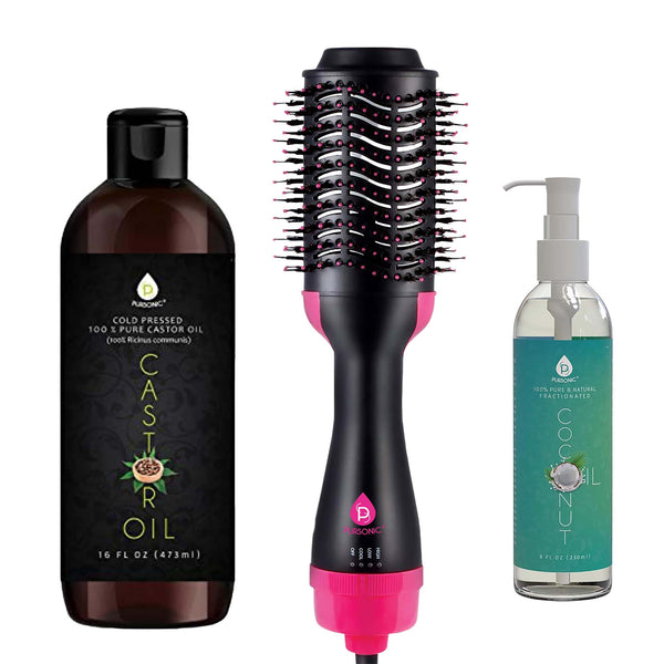 Hair Strengthening Bundle: Pursonic Fractionated Coconut Oil, One-Step Hair Dryer & Volumizer Brush, and Cold-Pressed Castor Oil by Pursonic