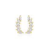 14k Yellow Gold Leaf Motif Climber Post Earrings with Marquise Cubic Zirconias