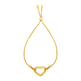 Adjustable Bracelet with Shiny Open Heart in 14k Yellow Gold (1.00 mm)