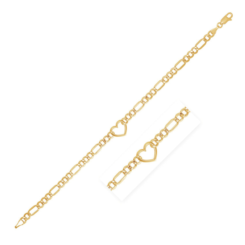 14k Yellow Gold 7 inch Figaro Chain Bracelet with Heart