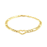 14k Yellow Gold 7 inch Figaro Chain Bracelet with Heart (4.50 mm)