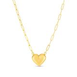 14k Yellow Gold Paperclip Chain Necklace with Puffed Heart