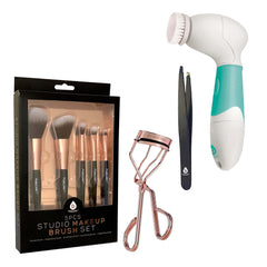 Pursonic Beauty Essentials Bundle - Advanced Facial and Body Cleansing Brush, Studio Makeup Brush Set, Slant Tip Tweezer, and Eyelash Curler by Pursonic