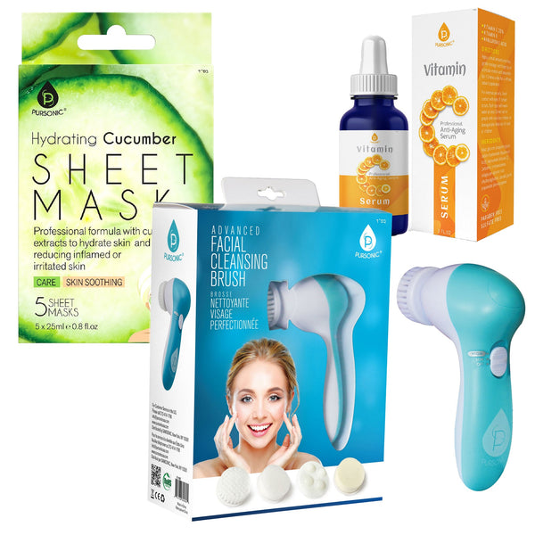 Ultimate Skincare Gift Bundle: Hydrating Cucumber Sheet Masks, Advanced Facial Cleansing Brush, Vitamin C Serum (3 fl. oz) by Pursonic