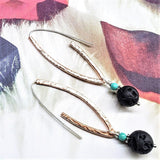 Hammered Pointed Oval Hoop Lava Rock Bead Earrings by Alexa Martha Designs