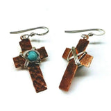 Handmade Hammered Copper Cross Earrings with Wire Wrapped Turquoise Beads