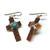 Handmade Hammered Copper Cross Earrings with Wire Wrapped Turquoise Beads