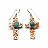 Handmade Hammered Copper Cross Earrings with Wire Wrapped Turquoise Beads