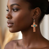 Handmade Hammered Copper Cross Earrings with Wire Wrapped Turquoise Beads