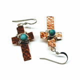 Handmade Hammered Copper Cross Earrings with Wire Wrapped Turquoise Beads