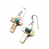 Handmade Hammered Copper Cross Earrings with Wire Wrapped Turquoise Beads