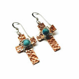 Handmade Hammered Copper Cross Earrings with Wire Wrapped Turquoise Beads