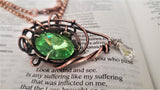 Handmade Wire Sculpted Green Crystal Copper Eye Necklace by Alexa Martha Designs