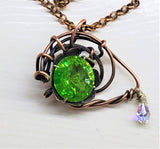 Handmade Wire Sculpted Green Crystal Copper Eye Necklace by Alexa Martha Designs