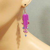 Hot Pink Tassel Chain Crystal Earrings by Alexa Martha Designs