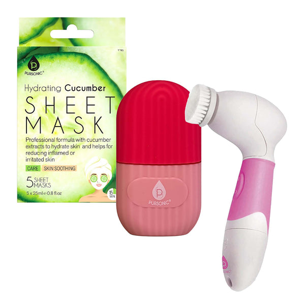 De-Puff Skin Set – Ice Cube Facial Roller, Hydrating Cucumber Sheet Masks & Advanced Cleansing Brush by Pursonic