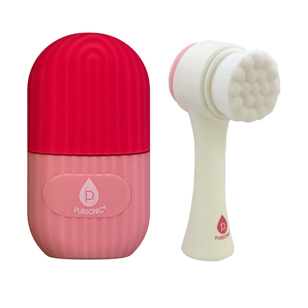 Perfect Skincare Duo: Ice Cube Facial Roller Massager for Face, Eyes, and Neck & Dual Sided Facial Cleansing Brush by Pursonic