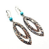 Copper Embossed Pointed Oval Turquoise Bead Earrings