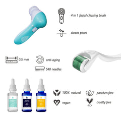 Advanced Facial Cleansing Brush, Anti-Aging Serum Set, and Micro Needle Derma Roller Bundle by Pursonic