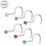 14Kt White Gold Screw Nose Ring with Prong Setting Gem by Fashion Hut Jewelry