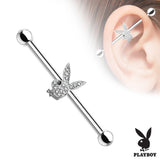 Clear Crystal Paved Playboy Bunny with Black Gem Eye 316L Surgical Steel Industrial Barbell by Fashion Hut Jewelry