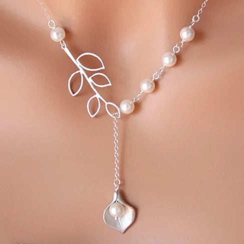 Pearly Lily Lariat Necklace White And Yellow Gold Plated by VistaShops