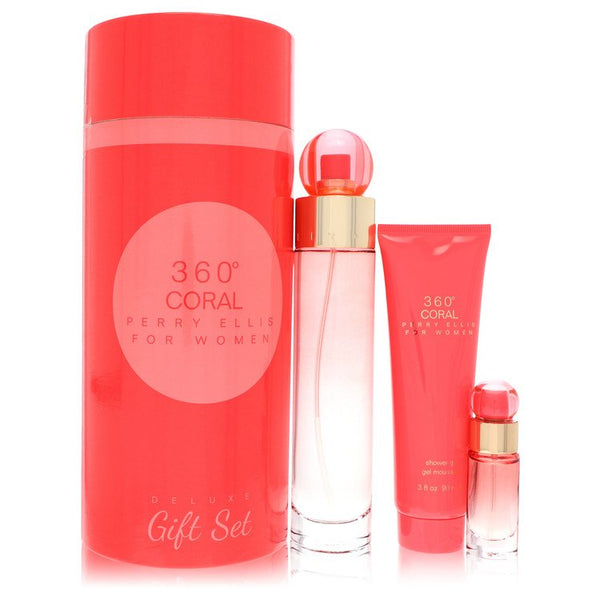 Perry Ellis 360 Coral by Perry Ellis Gift Set -- 3.4 oz Eau de Parfum Spray + .25 oz Mini EDP Spray + 3 oz Shower Gel for Women