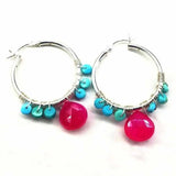 Pink and Sleeping Beauty Turquoise Silver Wire Hoop Earrings