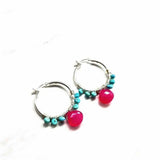 Pink and Sleeping Beauty Turquoise Silver Wire Hoop Earrings