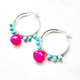 Pink and Sleeping Beauty Turquoise Silver Wire Hoop Earrings