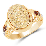 14K Yellow Gold Plate 4.71 Carat Genuine Golden Drusy Garnet & White Topaz .925 Sterling Silver Ring