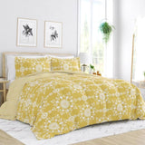 3-Piece Yellow White Reversible Floral Striped Comforter Set