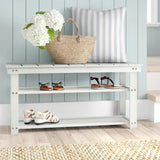 White Slatted Wood 2-Shelf Shoe Rack Storage Bench For Entryway or Closet