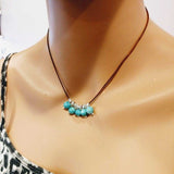 Silver Green Blue Shell Bead Charm Leather Necklace