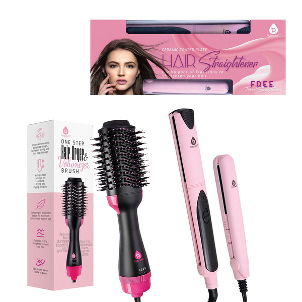 Hair Styling Power Bundle: One Step Hair Dryer & Volumizer Brush + Professional Salon Quality Flat Iron Hair Straightener With Free Travel Straightener by Pursonic