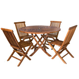 5-Piece 4-ft Teak Round Folding Table Set Folding Chair Set