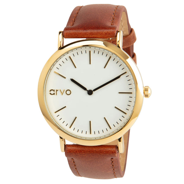 Arvo White Time Sawyer Watch - Gold - Brown Leather by Arvo