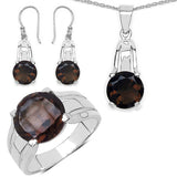 11.02 ct. Genuine Smoky Quartz .925 Sterling Silver Ring, Pendant and Earrings Set