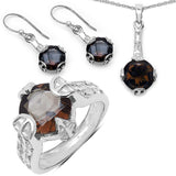 11.02 Carat Genuine Smoky Quartz .925 Sterling Silver Ring, Pendant and Earrings Set