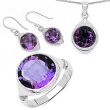 17.80 Carat Genuine Amethyst .925 Sterling Silver Ring, Pendant and Earrings Set