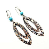 Turquoise Copper Embossed Pointed Oval Earrings by Alexa Martha Designs