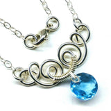 Silver Wire Sculpted Round Aqua Crystal Pendant Necklace by Alexa Martha Designs