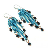 Turquoise Tassel Chain Black Crystal Earrings by Alexa Martha Designs