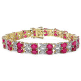 14K Yellow Gold Plate 18.32 Carat Genuine Glass Filled Ruby & White Diamond .925 Silver Bracelet