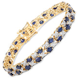 14K Yellow Gold Plate 12.53 Carat Genuine Blue Sapphire & White Diamond .925 Silver Bracelet