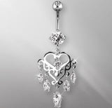 316L Surgical Steel Gemmed Chandelier Heart Dangle Navel Ring by Fashion Hut Jewelry