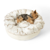 PupPouf™ Faux Fur Donut Dog Bed - White with Brown Accents